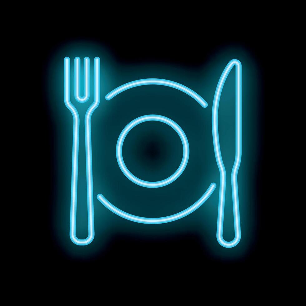 Glowing neon sign of restaurant cutlery with fork and knife beside empty plate on black background vector