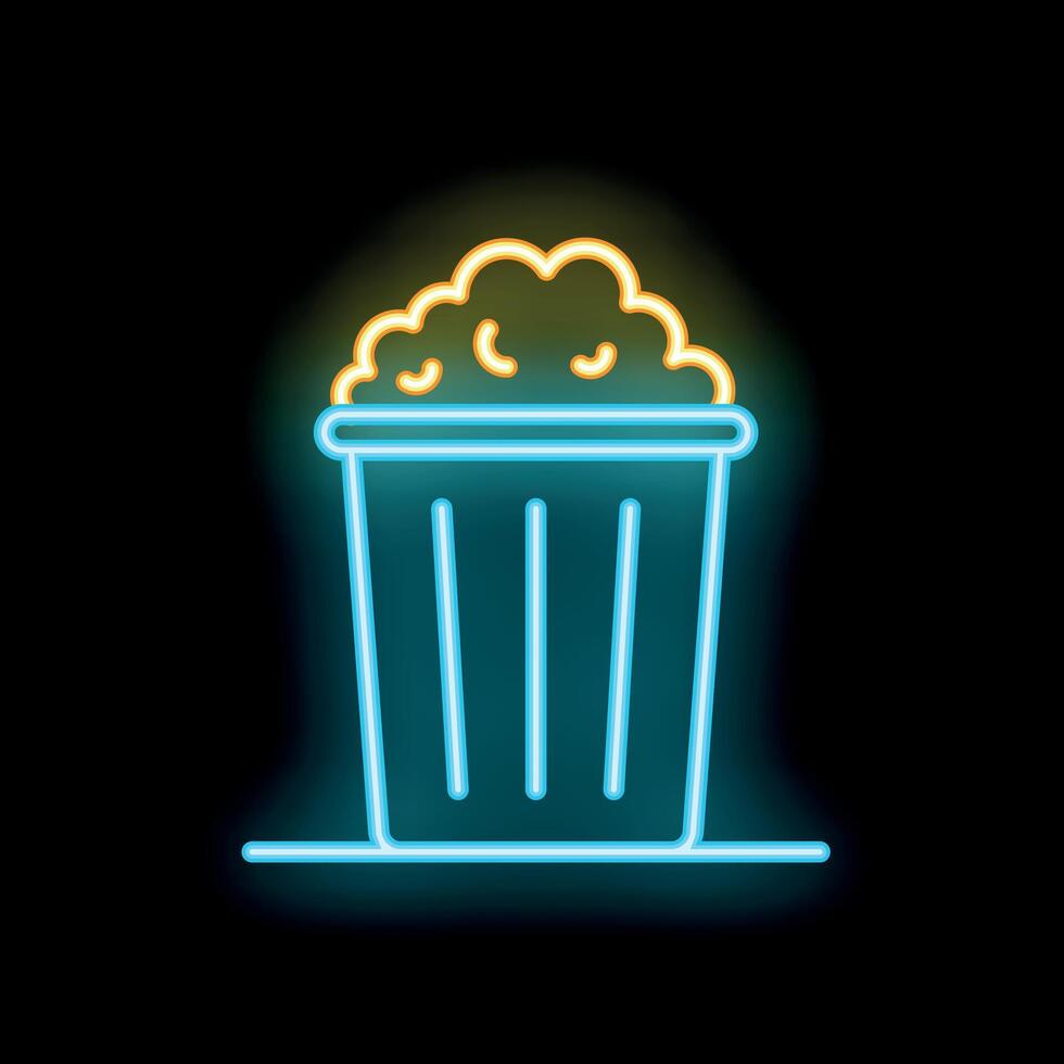 illustration of a trash can with popcorn, glowing in neon light vector