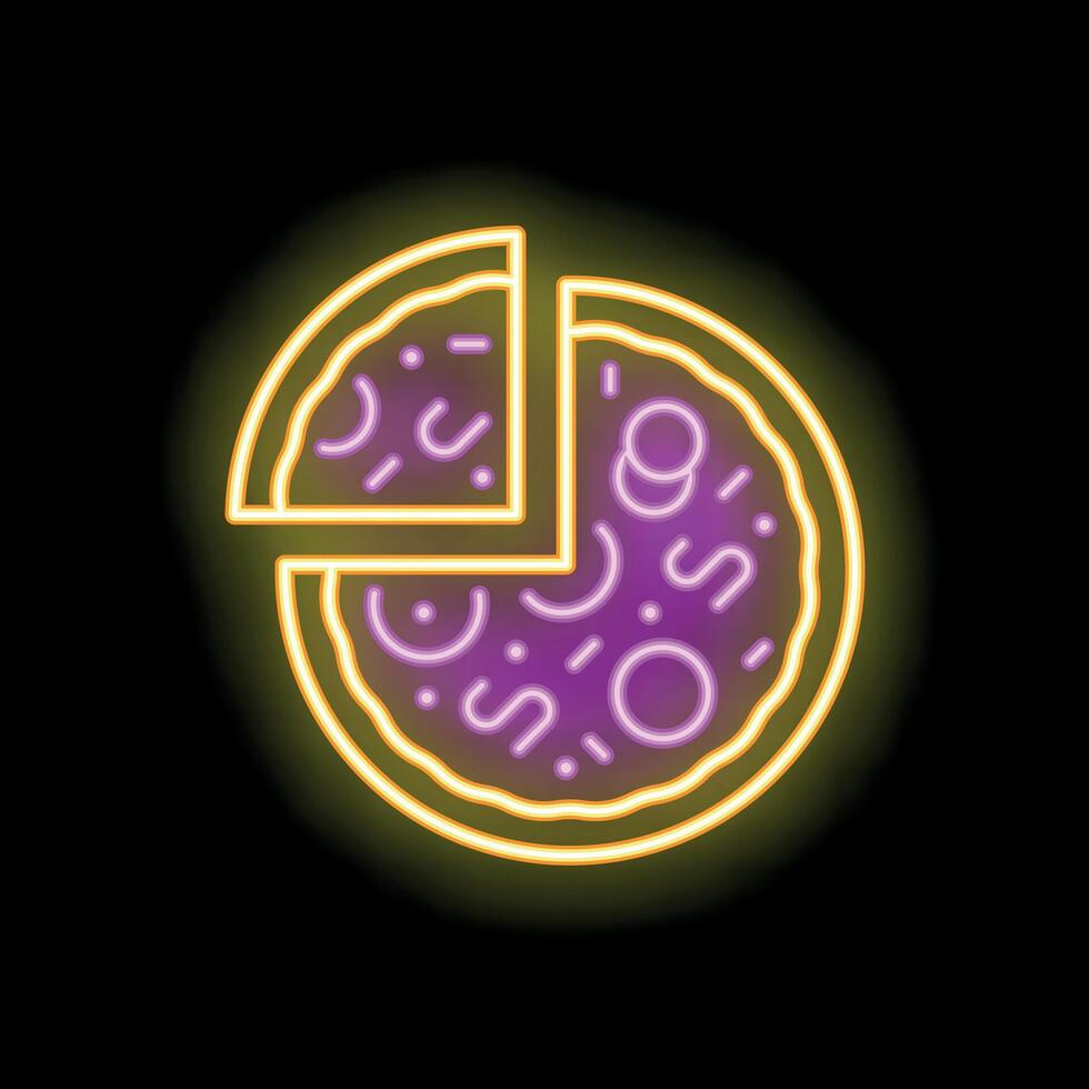 Bright neon sign showing a delicious pizza with a slice cut out vector