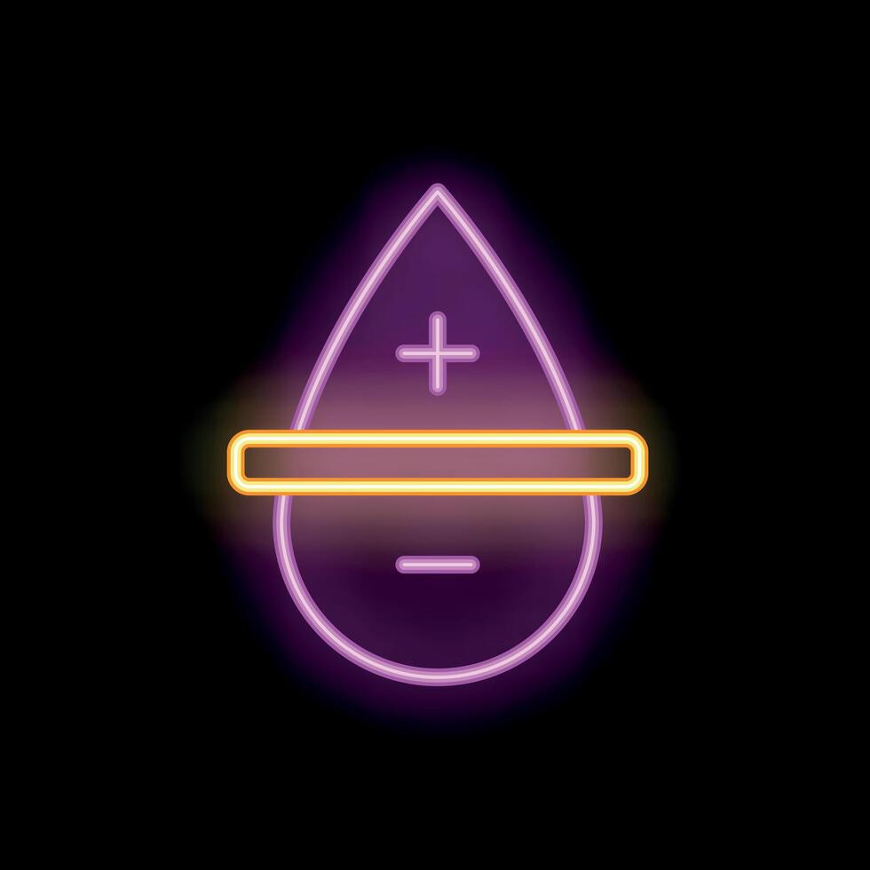 Neon icon of blood droplet with plus and minus symbols representing blood test analysis vector