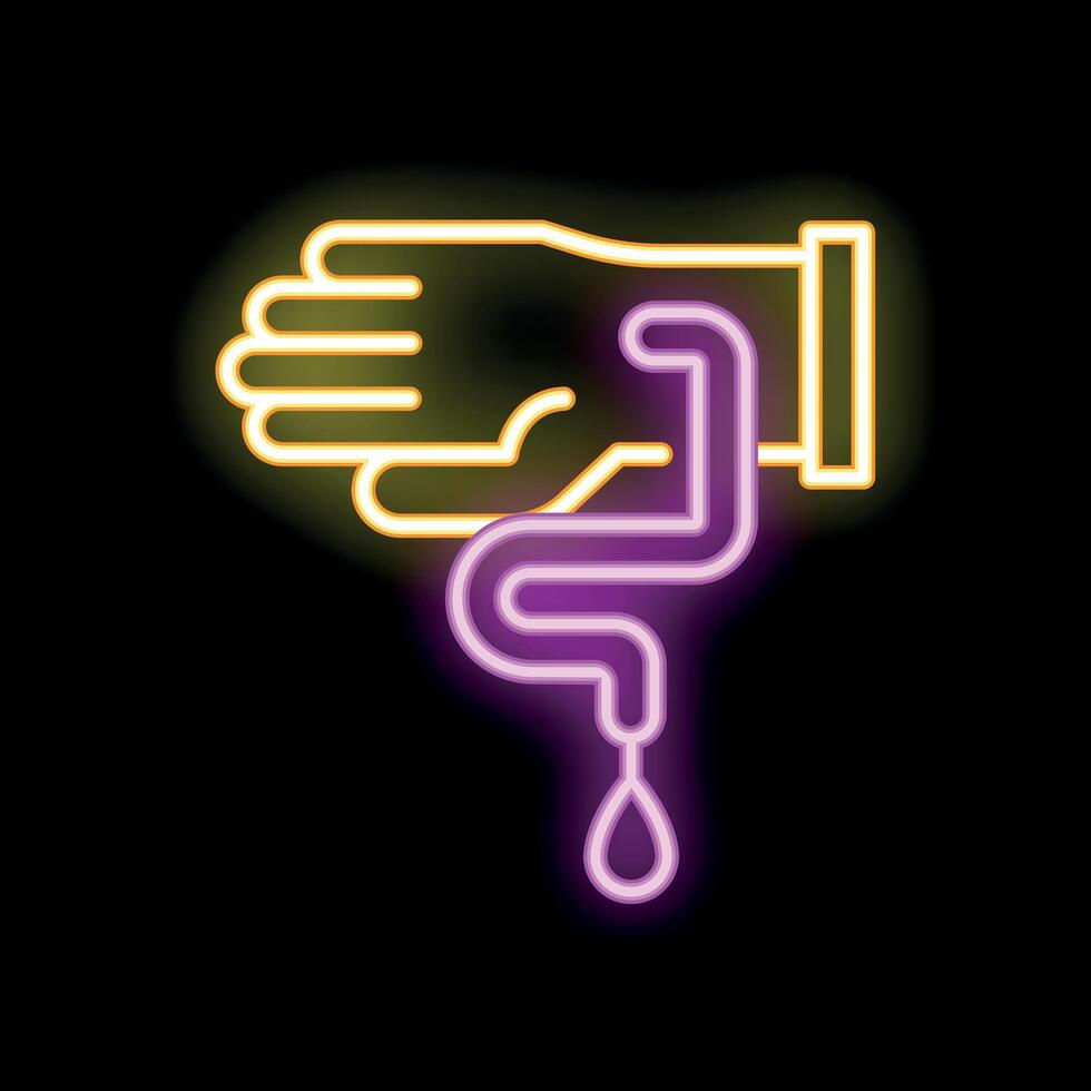Neon style icon of hand holding a leaking pipe with water drop for plumbing services vector