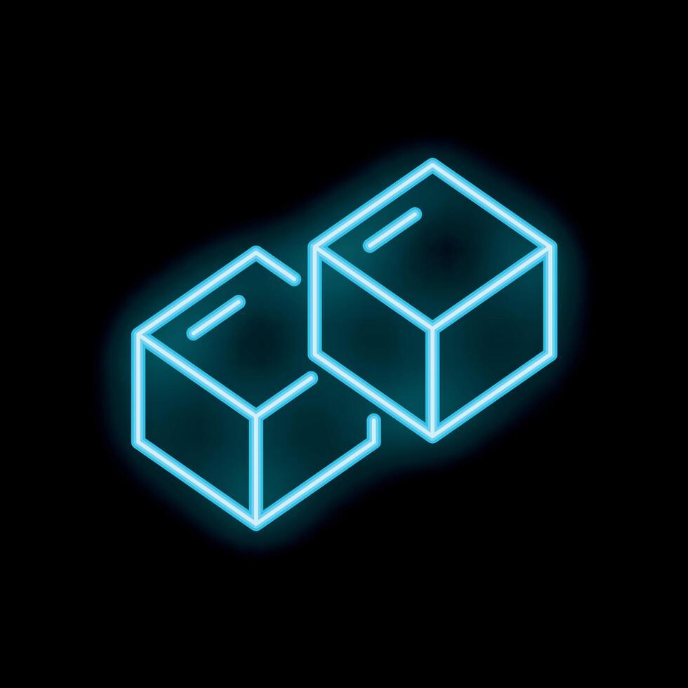 Two glowing blue cubes connected representing blockchain technology on a black background vector