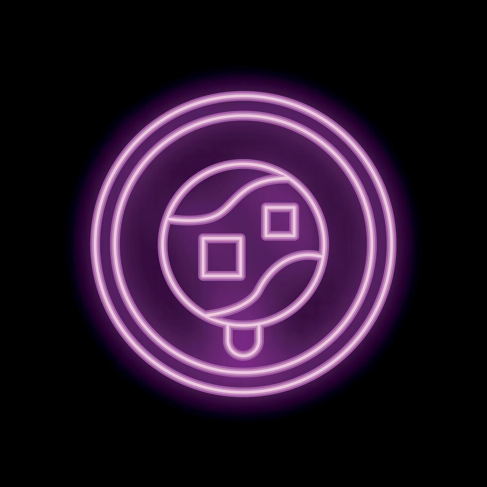 Bright pink neon sign showing a cake pop in a round frame on a black background vector