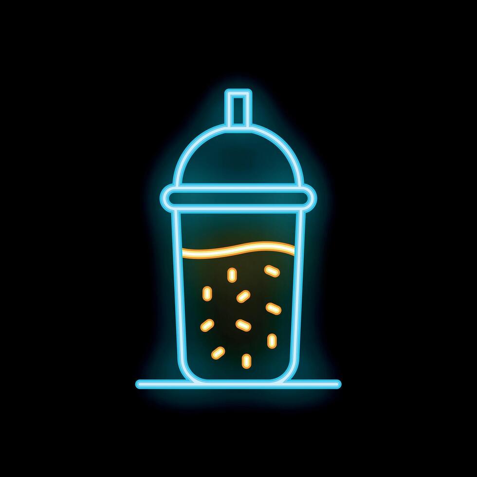 Neon icon of a plastic cup of tea with boba and a straw glowing on a black background vector