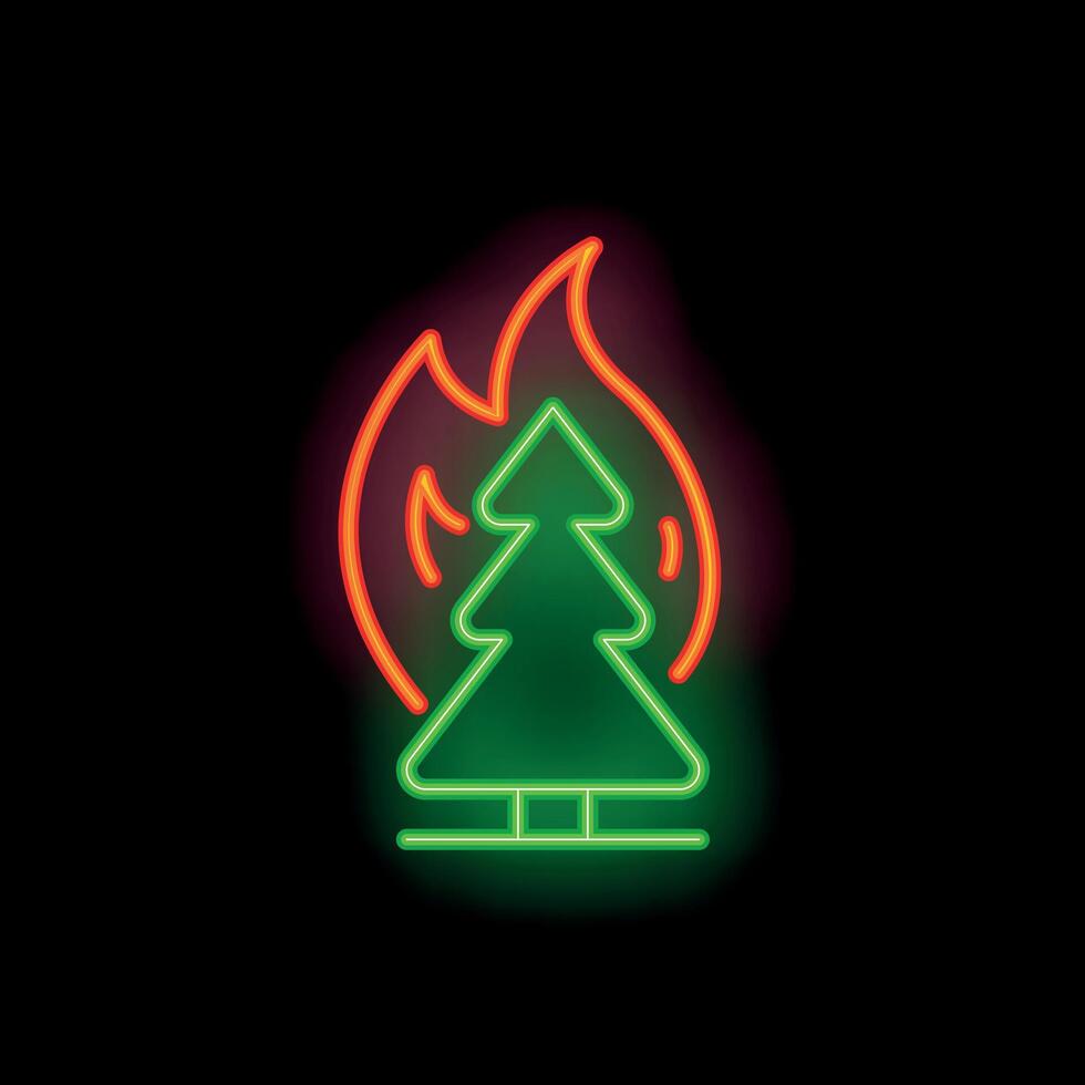 Neon sign representing burning christmas tree on black background vector