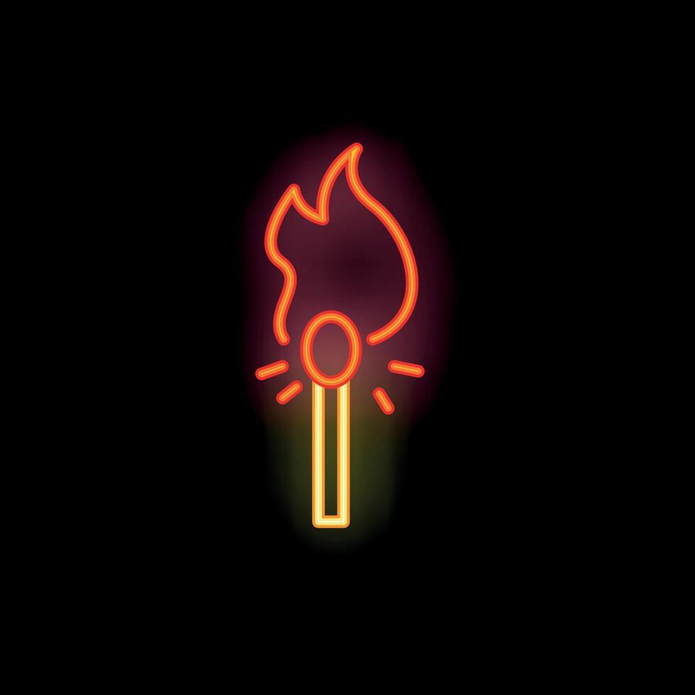 Burning matchstick with bright red flame neon sign on black background vector