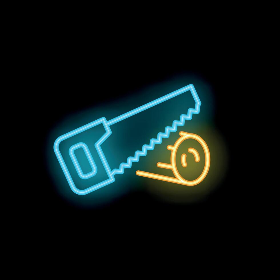 Glowing neon icon of hand saw cutting log on black background vector
