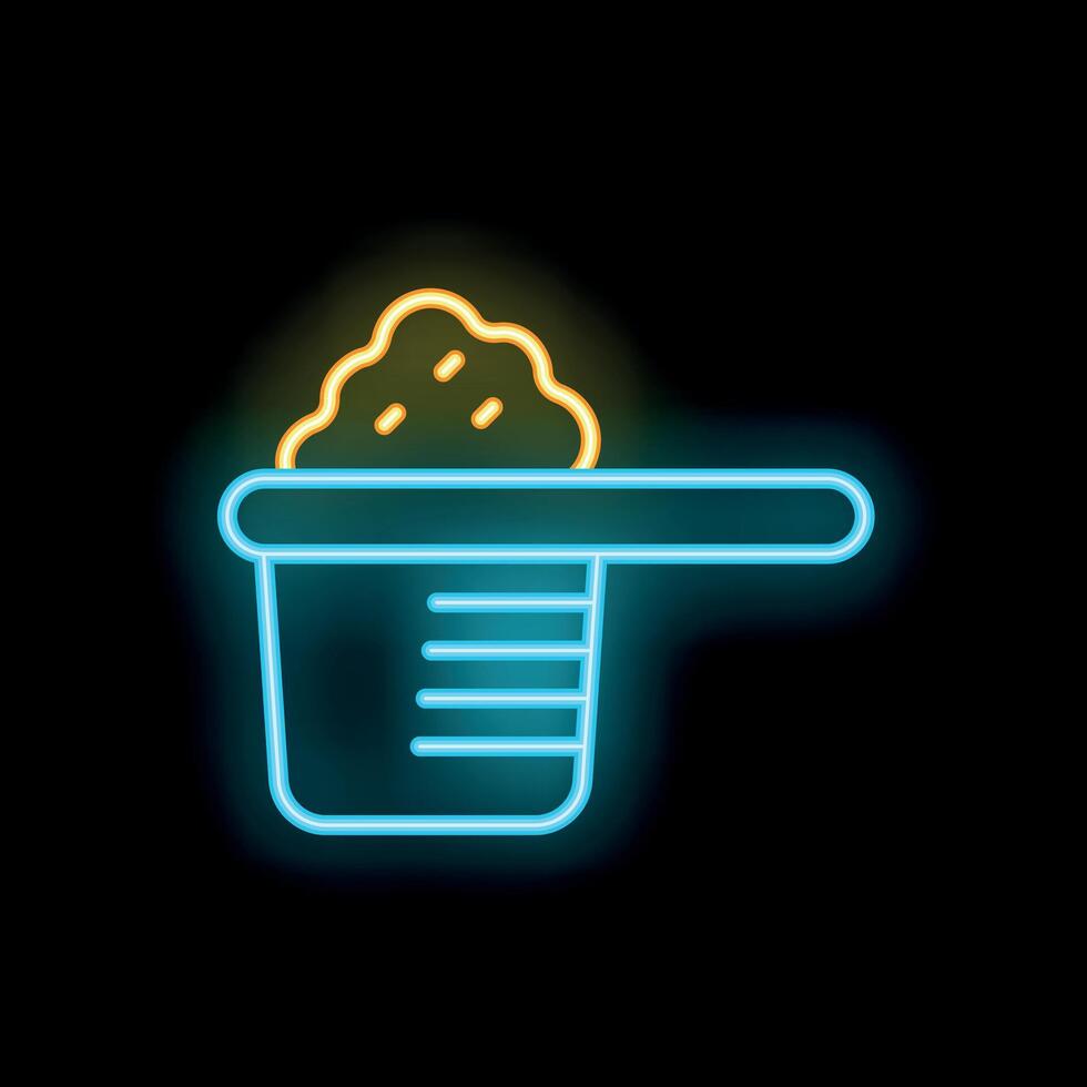Glowing neon line measuring cup with sugar icon isolated on black background, concept of cooking and baking, dessert recipe vector