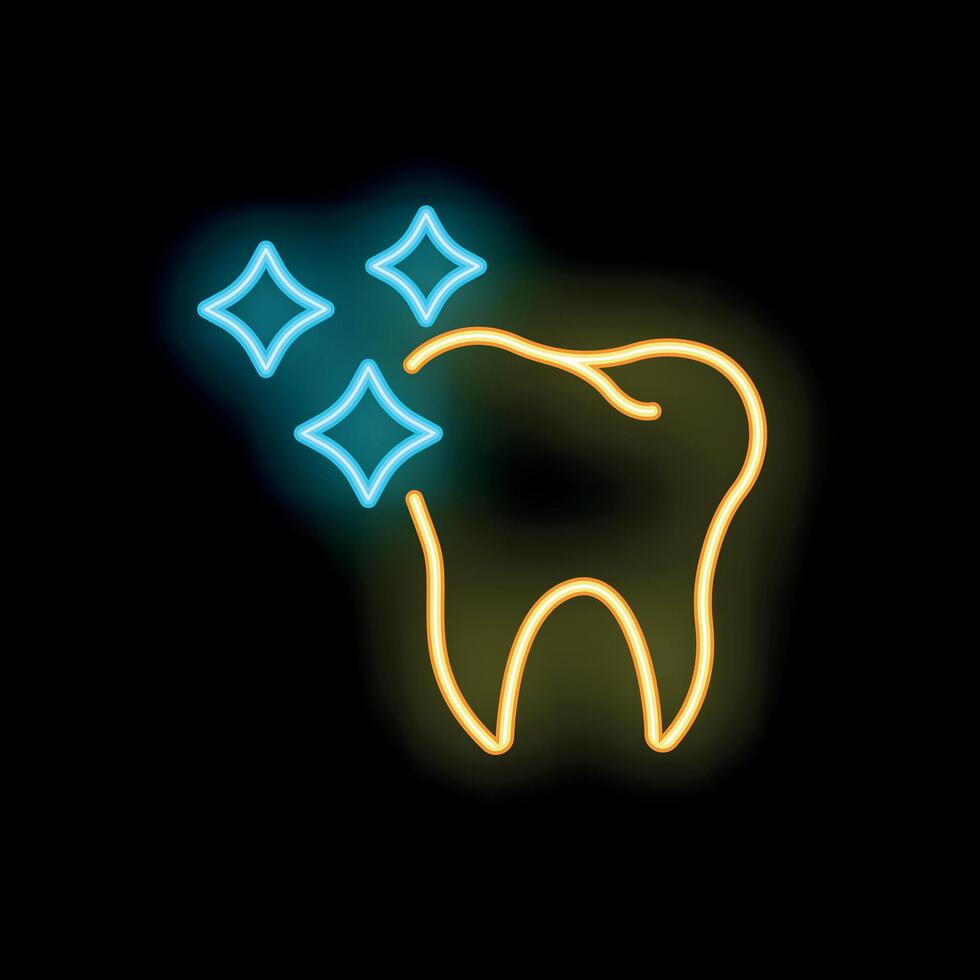 Neon icon of tooth cleaning sparkling with stars on black background vector