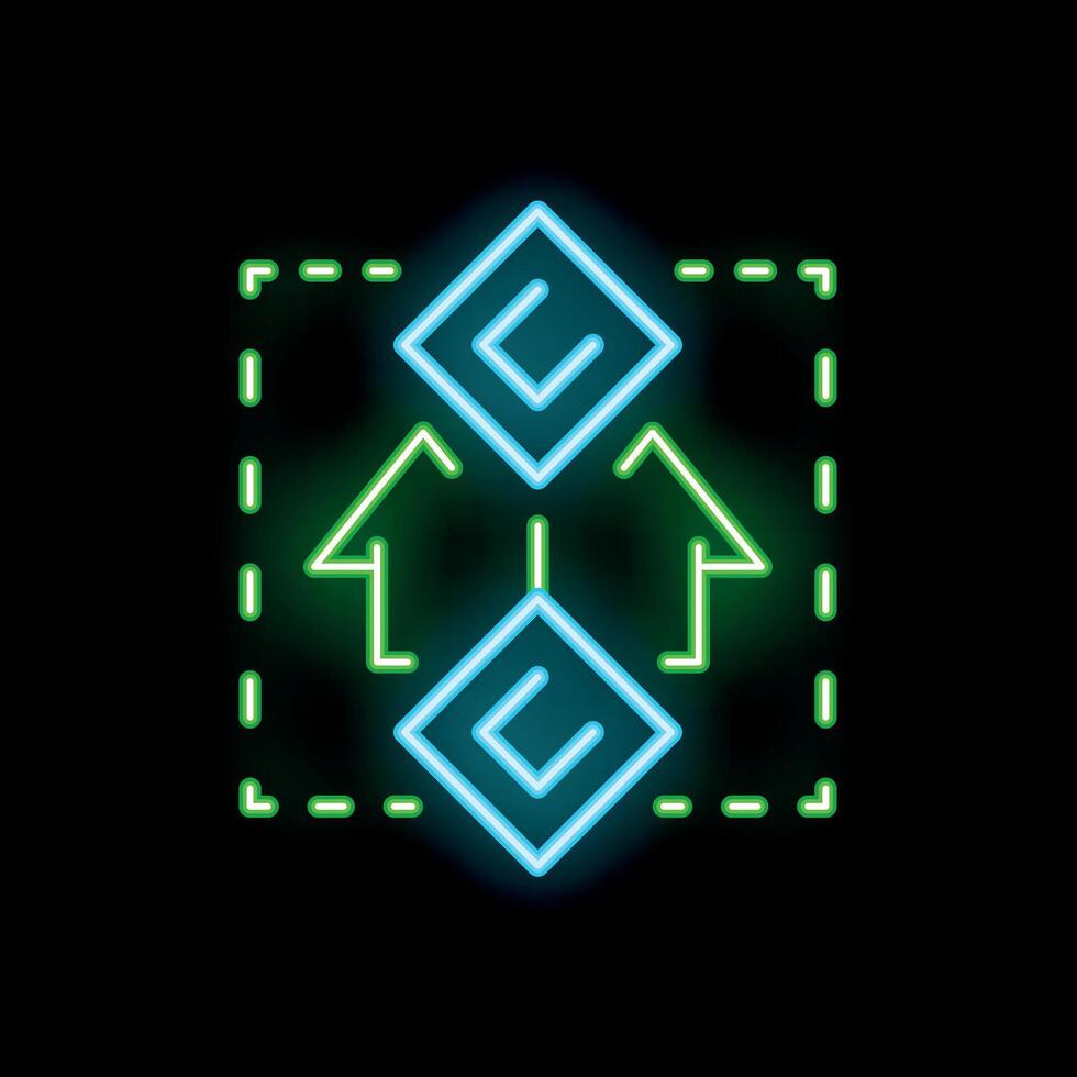 Neon green and blue arrows pointing to center of square in futuristic design vector