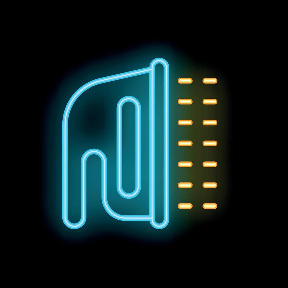 Blue neon iron releasing steam for clothes ironing on black background vector