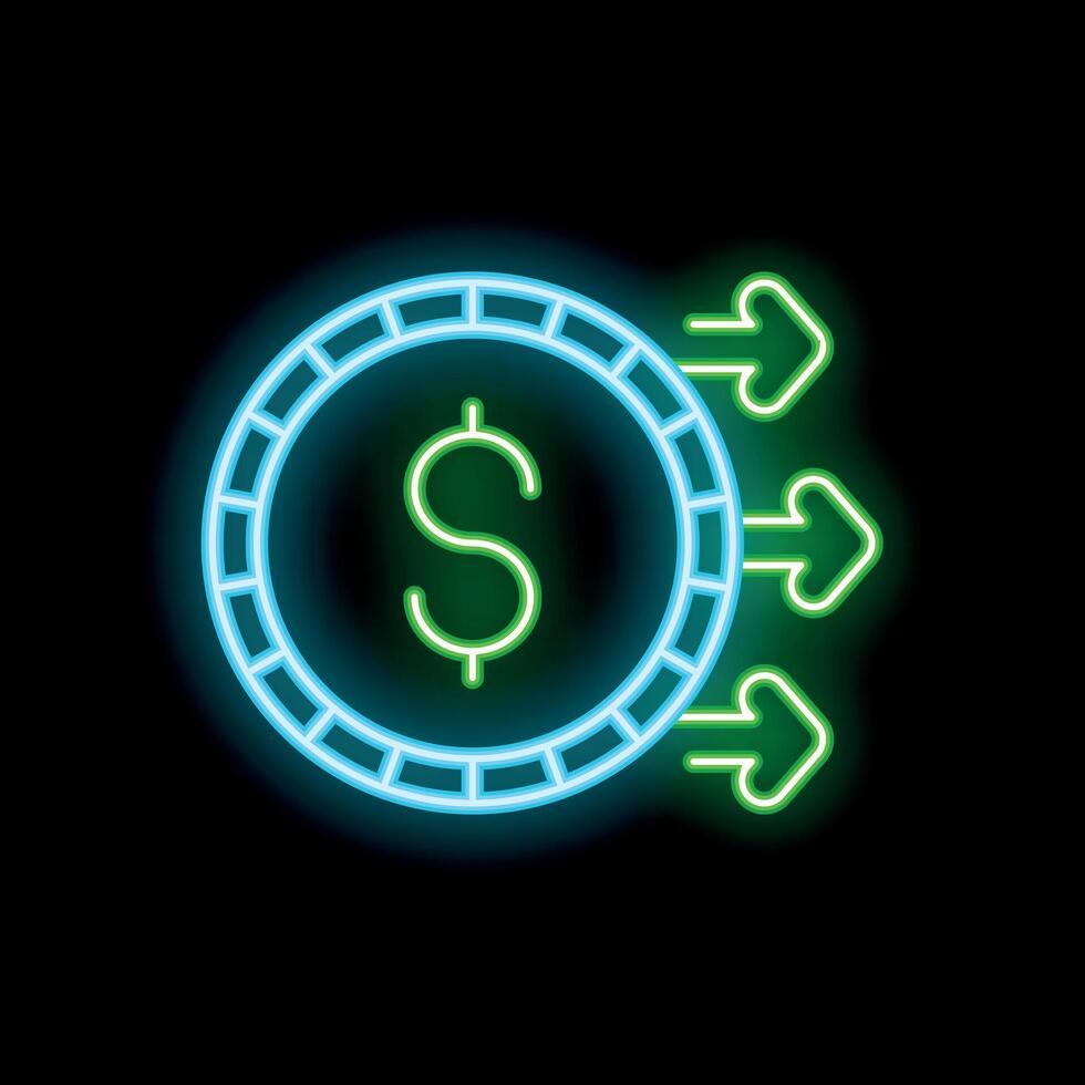 Neon green money transferring from a coin icon on black background vector