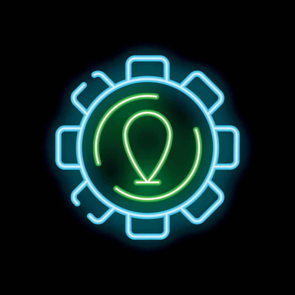 Neon style icon location pin inside gear configuration setting symbol on black background vector