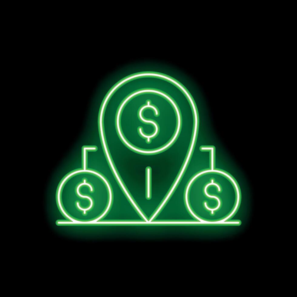 Neon green money location pin icon showing three dollar symbols on black background vector