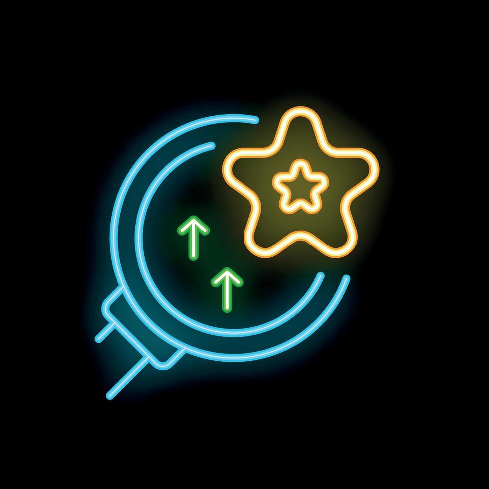 Neon icon of star moving up with magnifying glass, growth, success concept vector