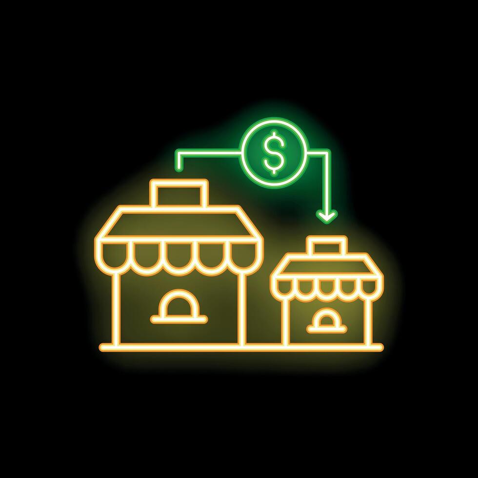 Neon sign representing money transferring from big to small business on black background vector