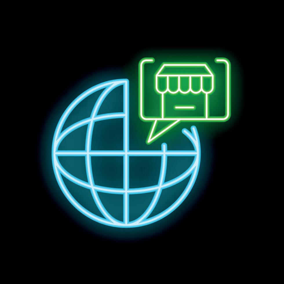 Neon icon of online shop representing global e commerce and worldwide shopping vector