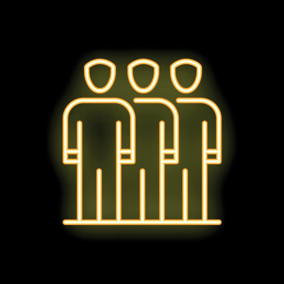 Yellow neon icon of three businessmen standing together on black background vector