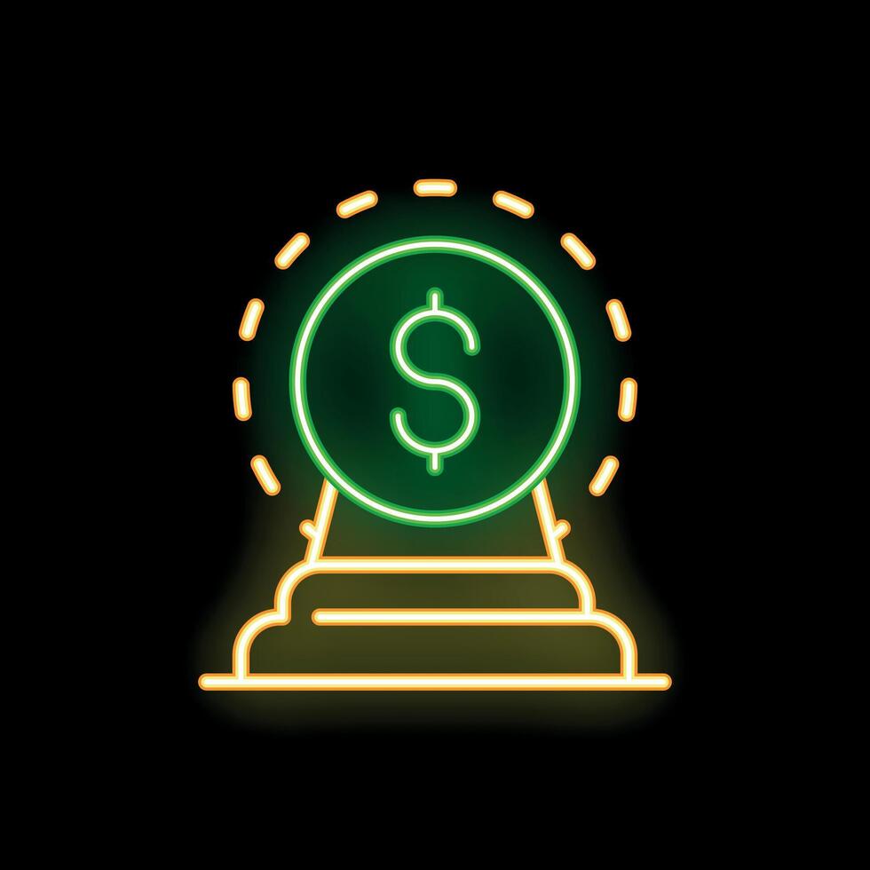 Neon green dollar coin spinning over a pedestal on black background vector