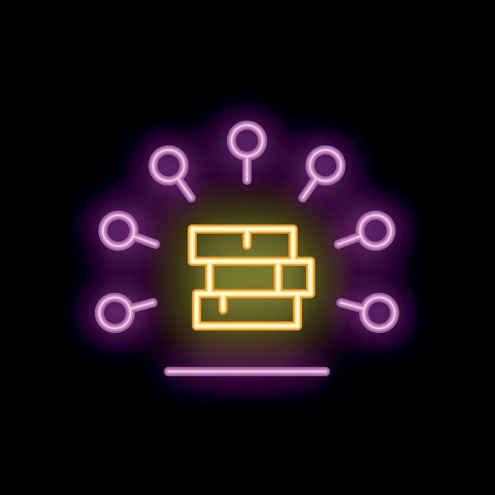 Neon icon of database being accessed from multiple points vector