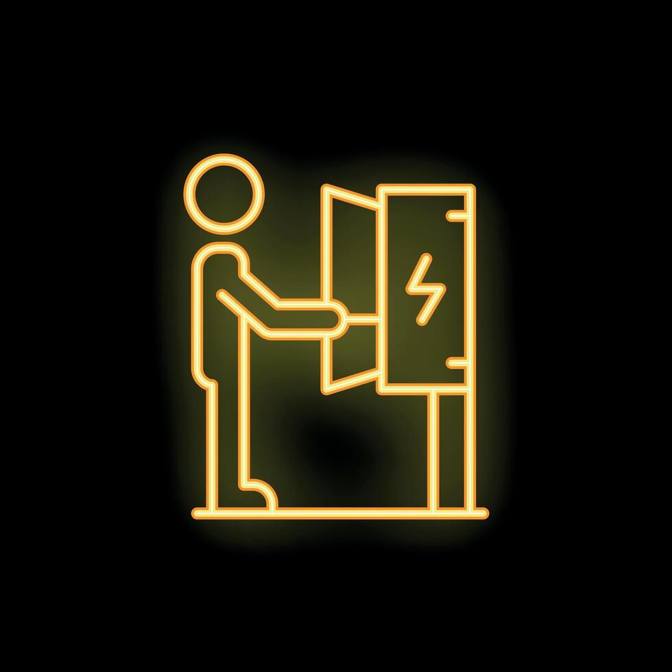 Electrician opening electrical cabinet with wires and electricity sign neon style icon vector