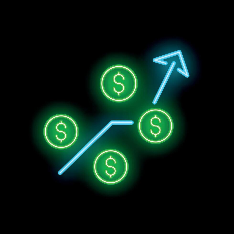 Neon sign representing increasing dollar currency value with upward arrow vector
