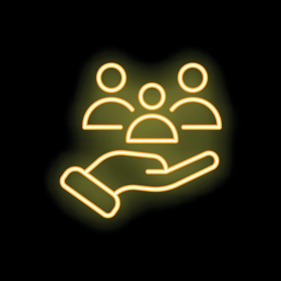 Neon icon of hand holding a group of people representing customer care vector