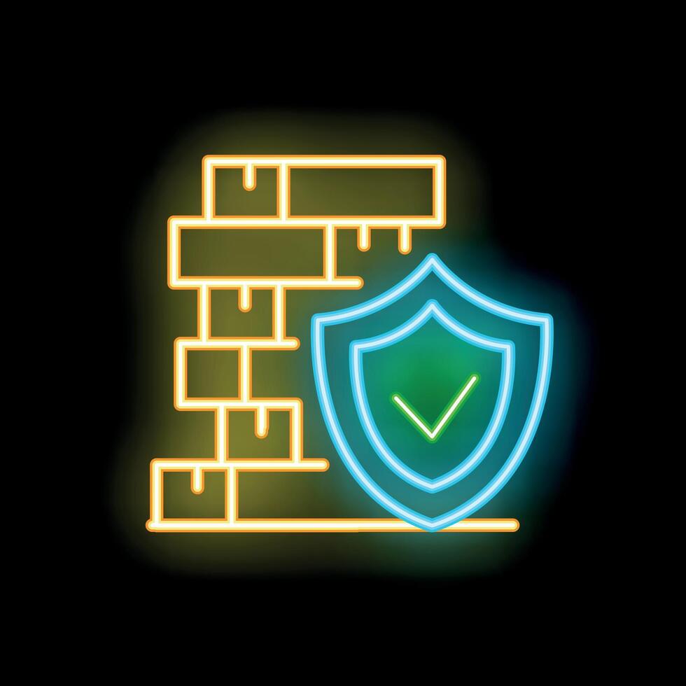 Neon blue shield protecting brick wall with check mark icon vector