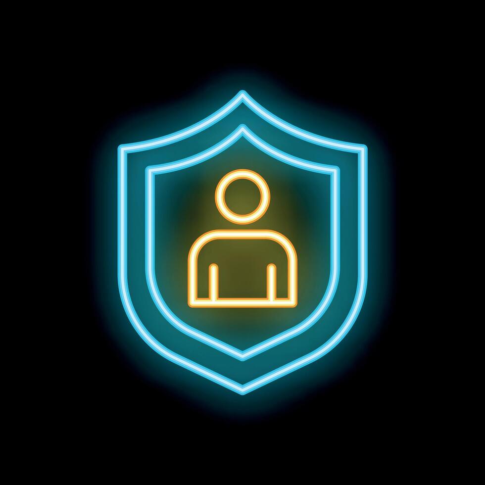 Neon shield protecting stick figure person icon on black background vector