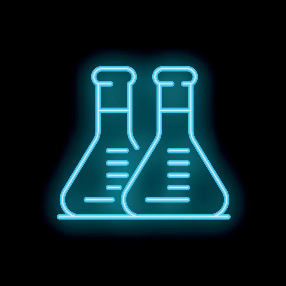 Neon icon of two erlenmeyer flasks glowing blue on black background vector