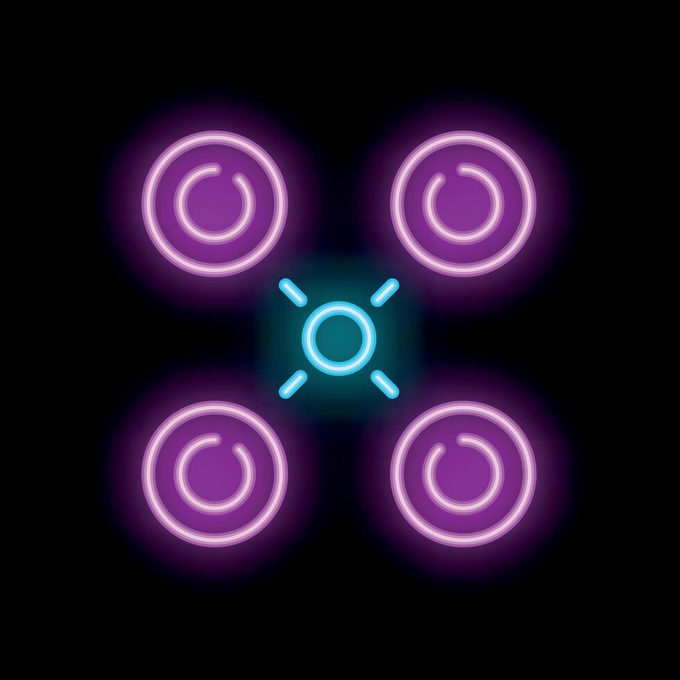 Neon quadcopter drone flying with glowing lights at night vector