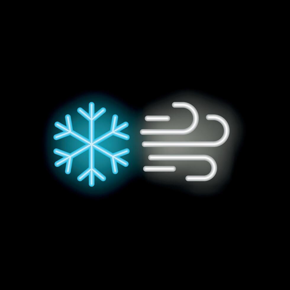 Blue snowflake neon sign with wind blowing effect on black background vector