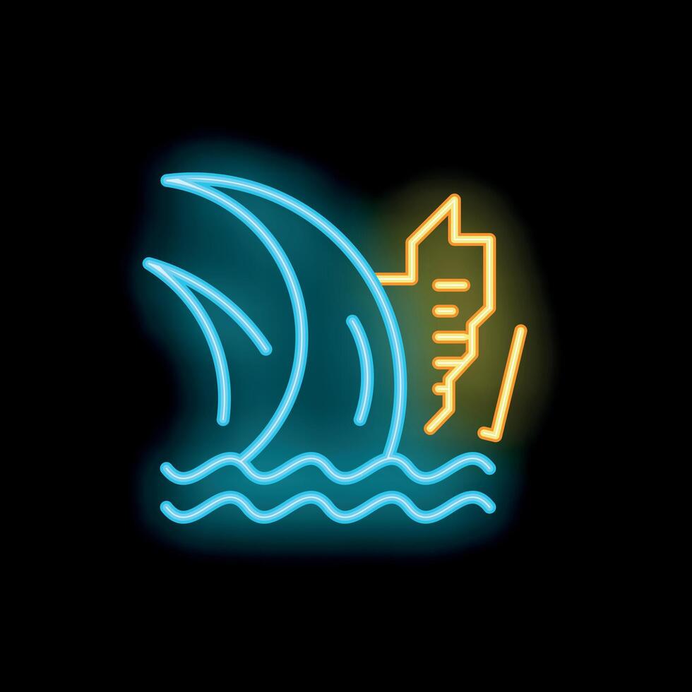 Glowing neon sign depicting tsunami destroying city on black background vector