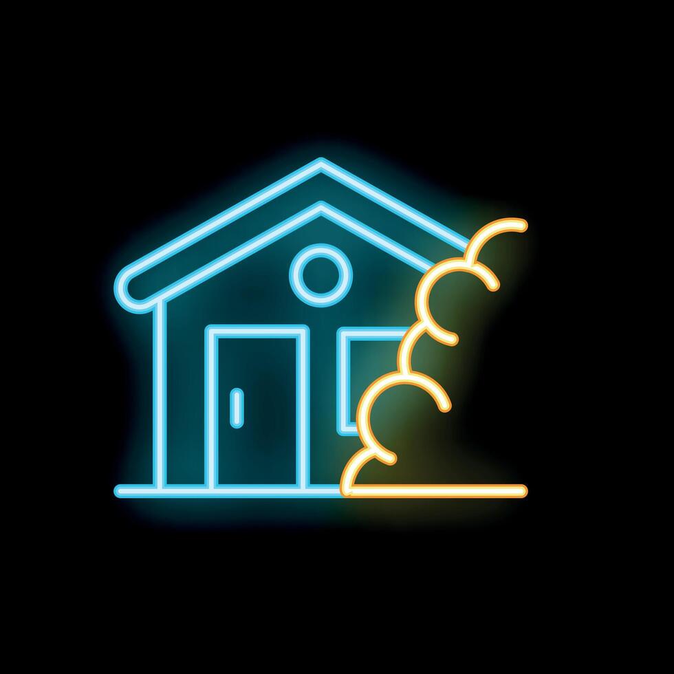 Neon house with glowing tree sign on black background vector