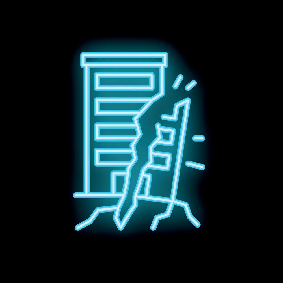 Blue neon style icon representing earthquake striking building vector