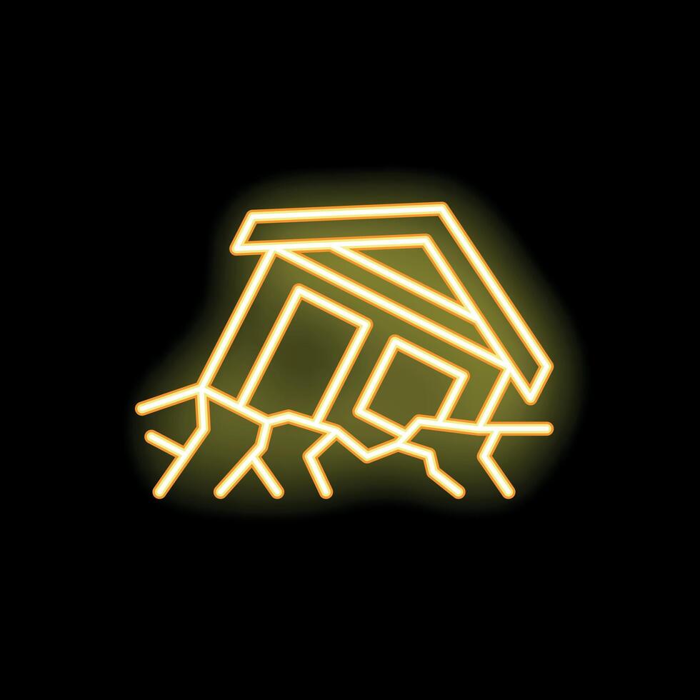 Yellow neon sign of house falling apart during earthquake vector