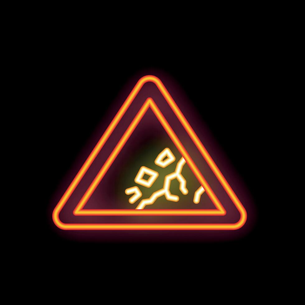 Neon sign showing falling rocks warning sign on black background vector
