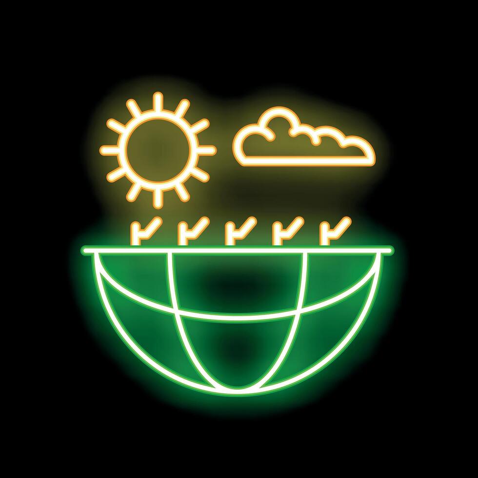 Neon icon of sun shining on growing crops on earth vector