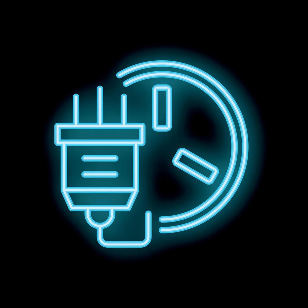 Neon icon of electric plug connecting with clock symbolizing energy consumption vector