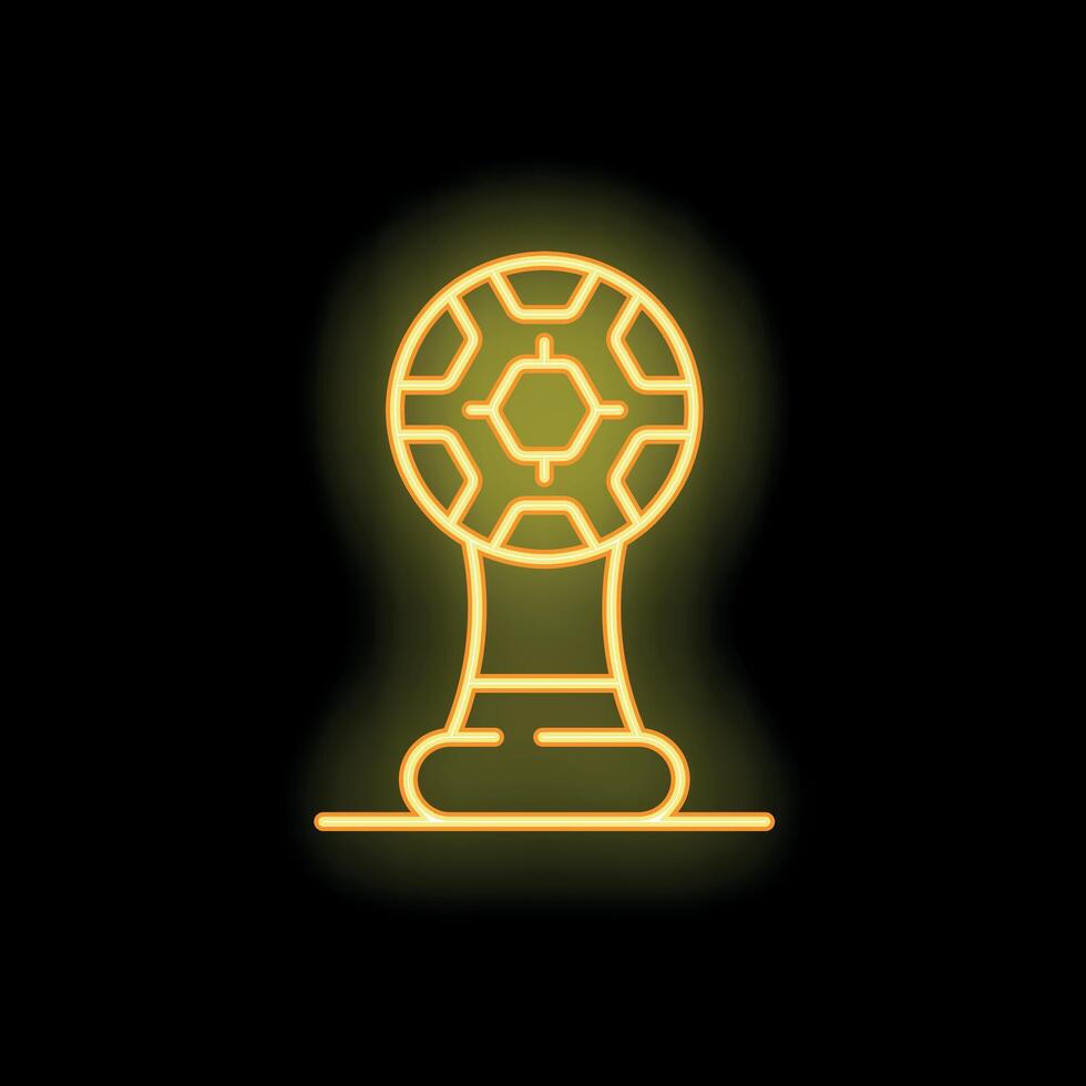 Golden neon icon of soccer trophy shining on dark background vector