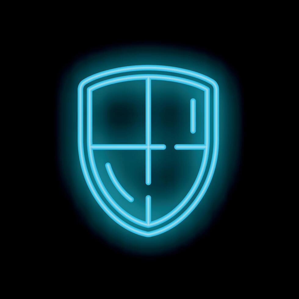 Neon blue shield glowing on black background vector