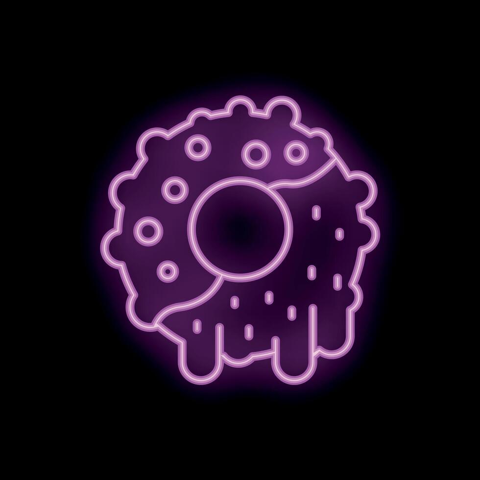 Bright purple neon sign of a donut dripping with icing on a black background vector