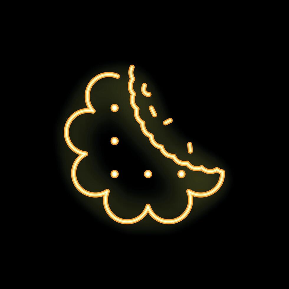 Neon icon of bitten chocolate chip cookie glowing on dark background vector