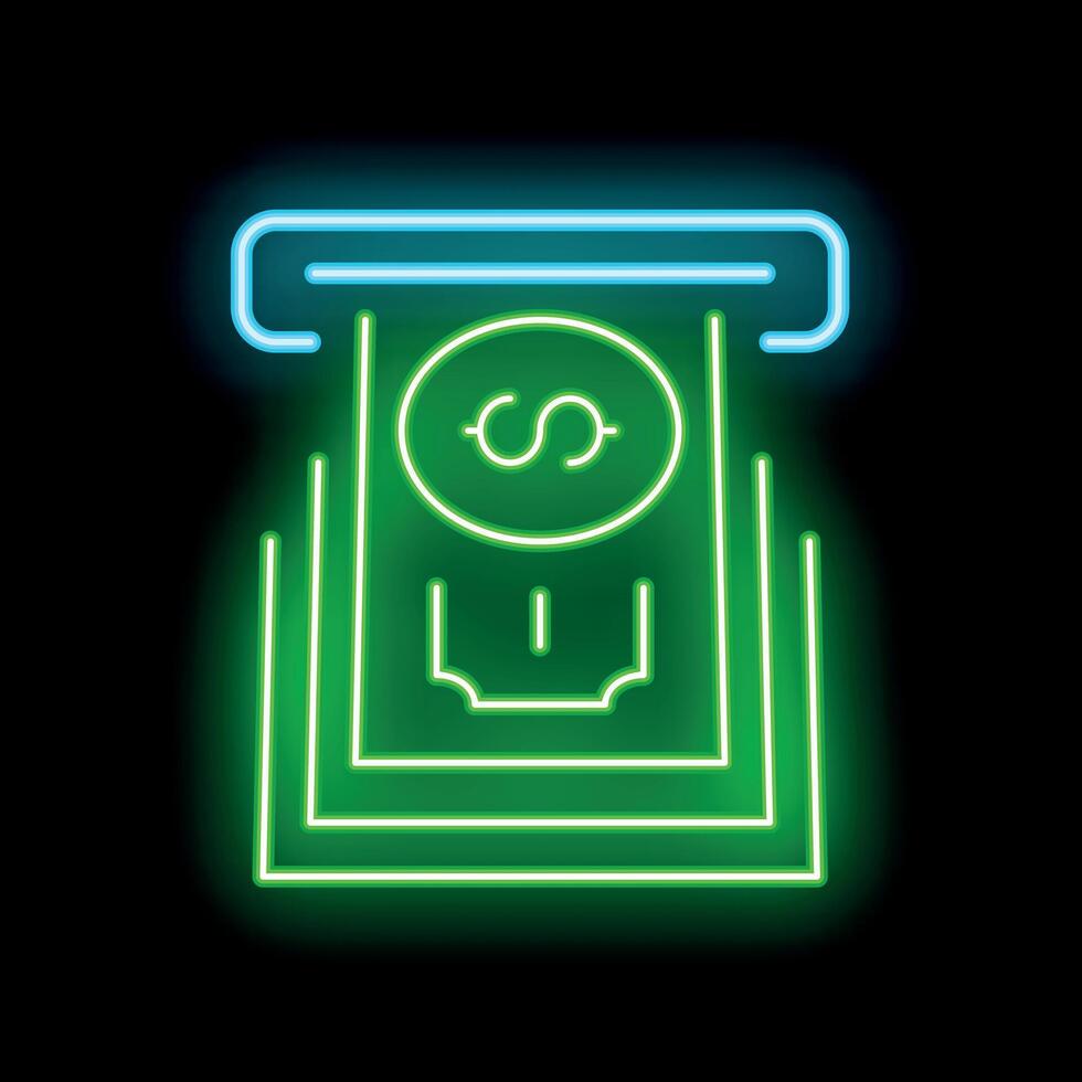 Neon atm cash machine dispensing money icon vector