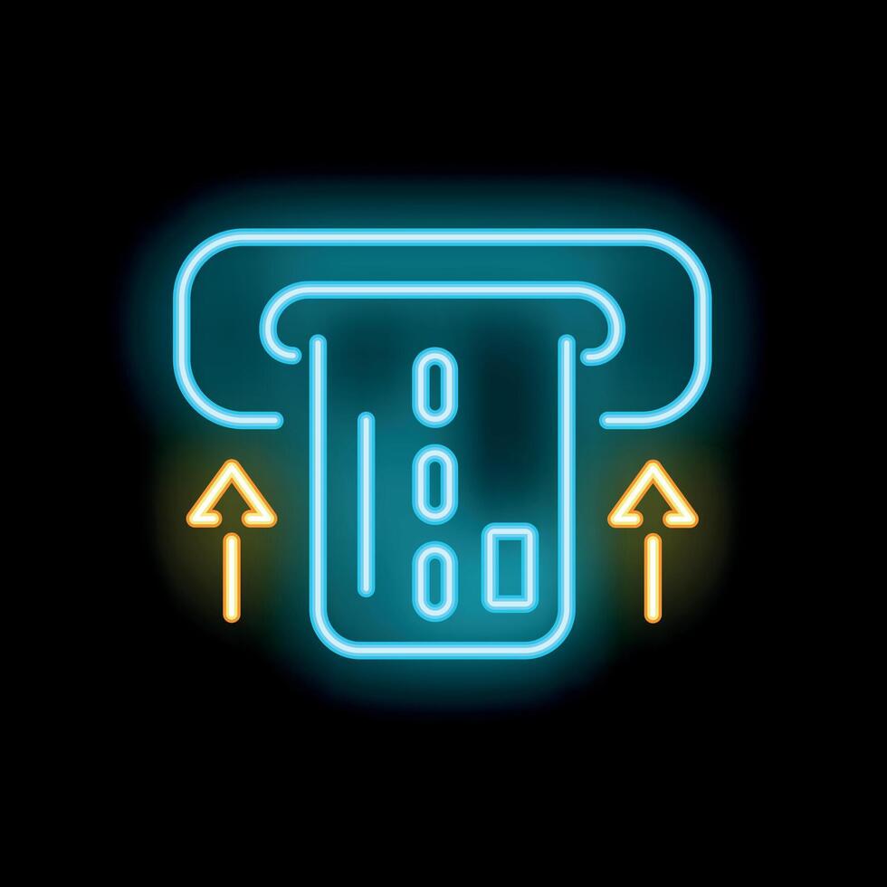 Neon atm machine withdrawing money from credit card icon vector