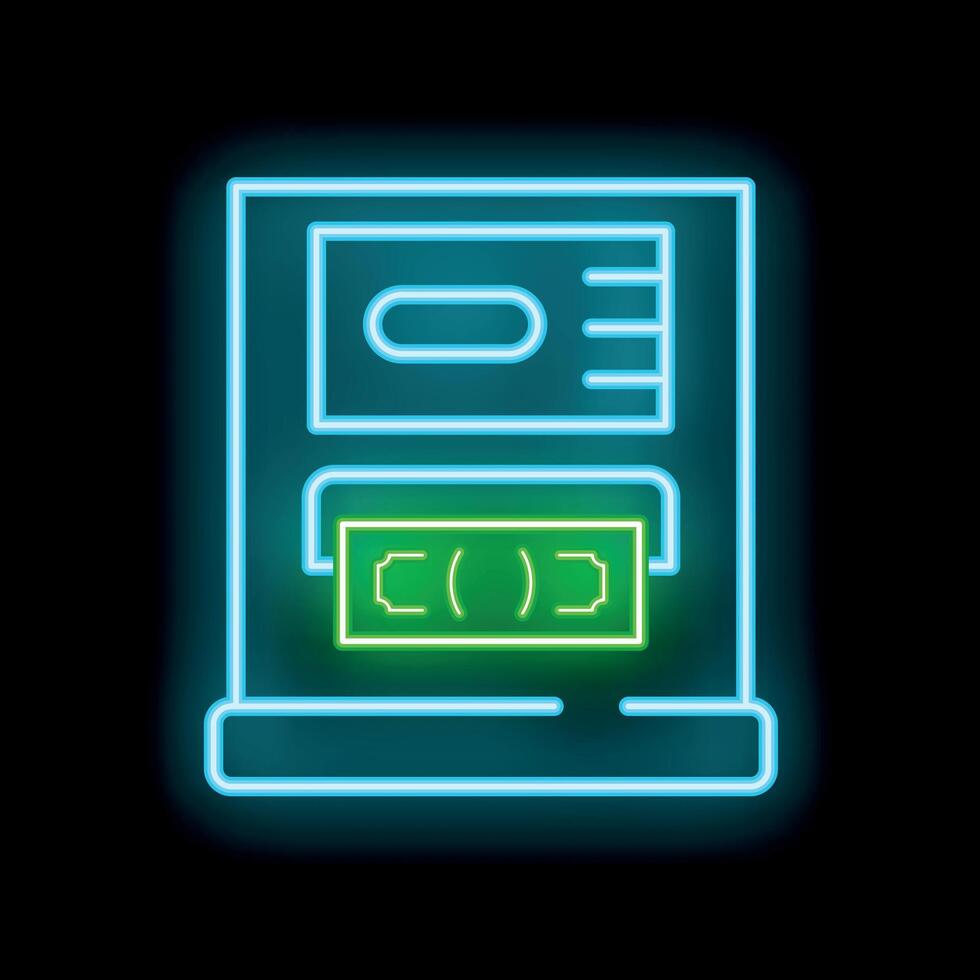 Neon atm machine dispensing cash on black background vector