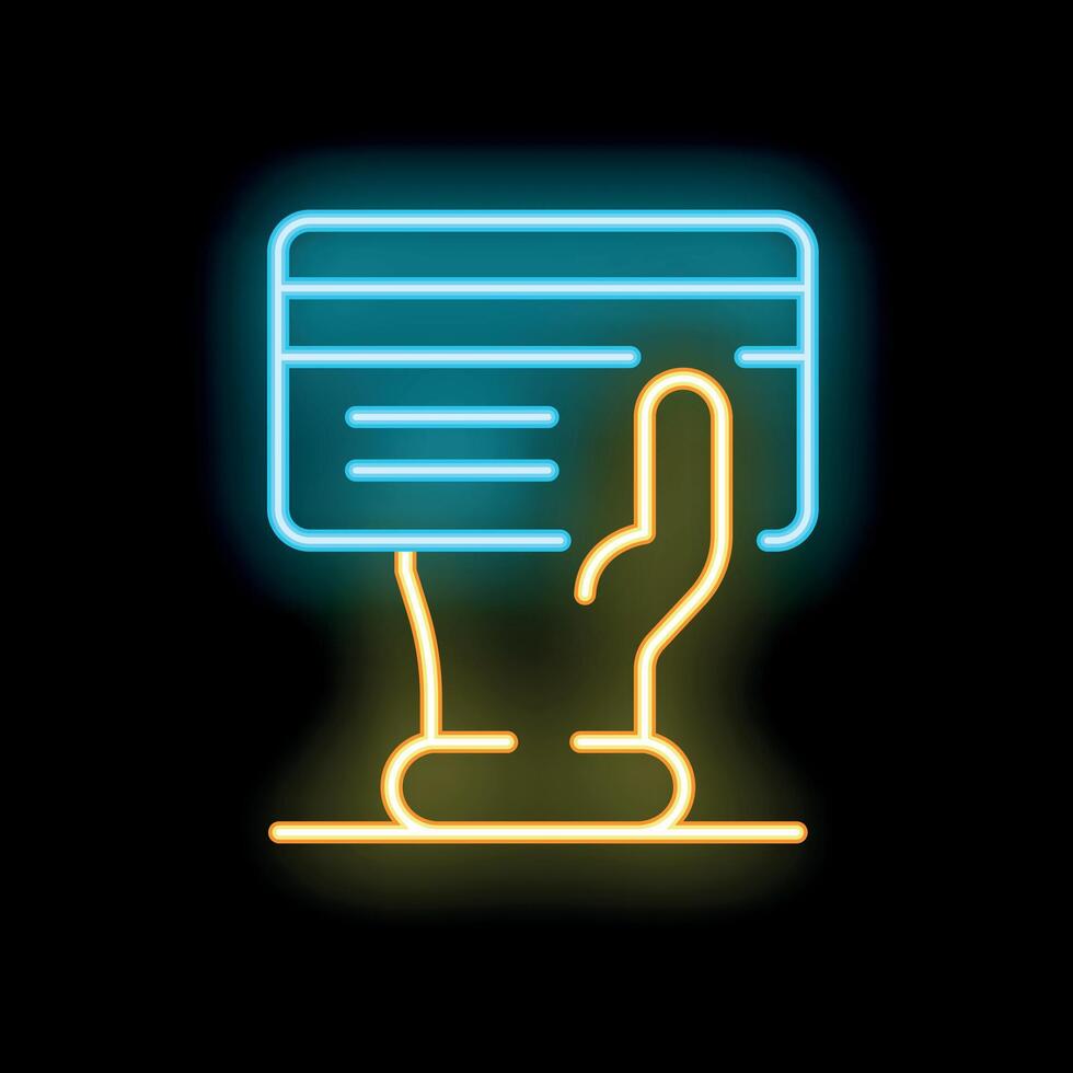 Neon hand holding credit card on black background vector