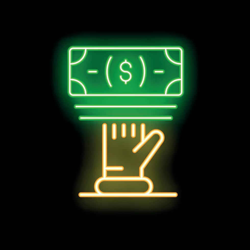 Neon sign depicting hand reaching for money on black background vector