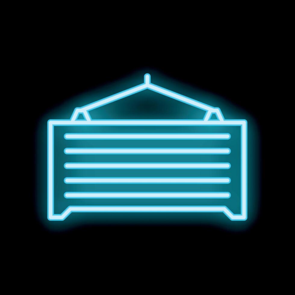 Neon icon of cargo container hanging from crane hook on black background vector