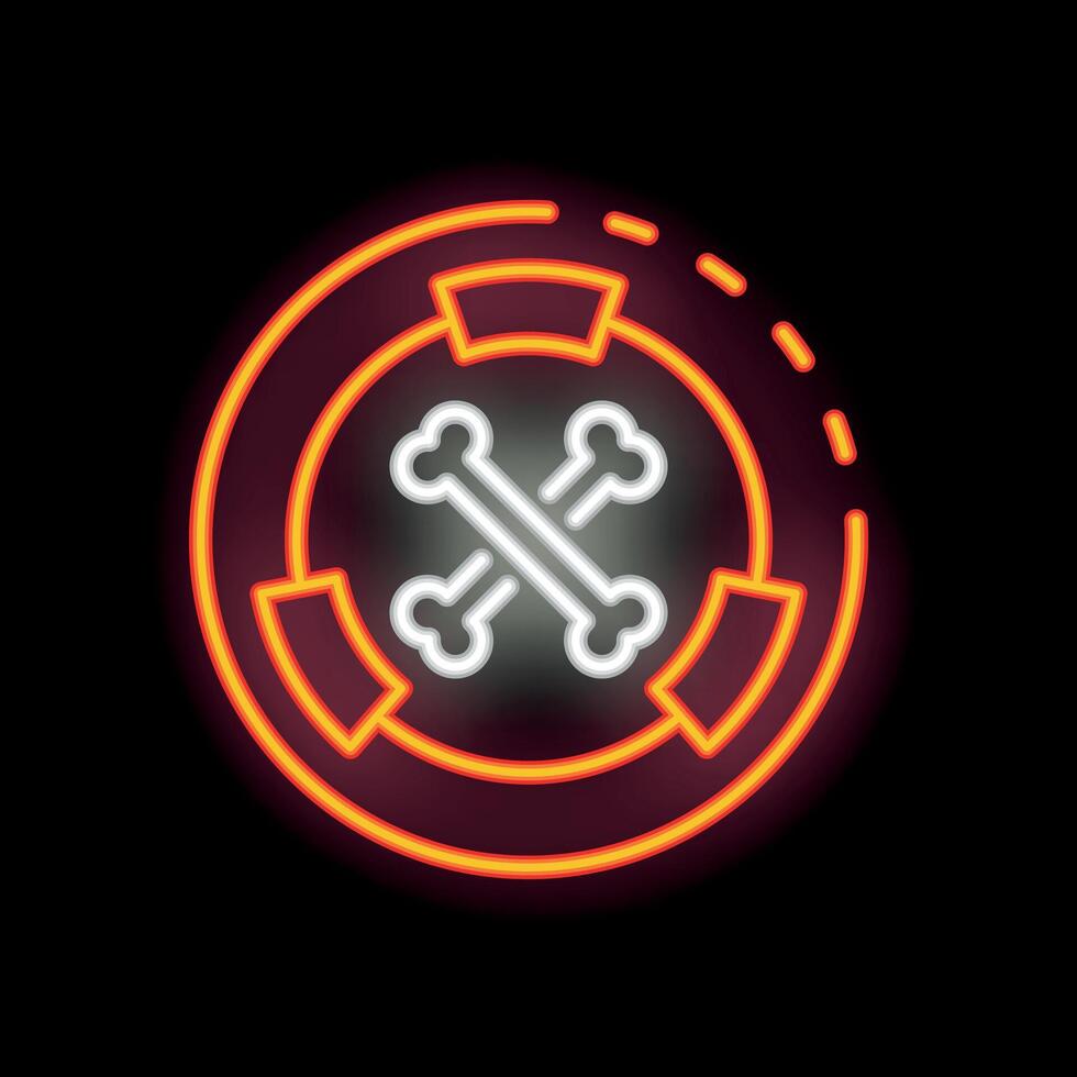 Neon sign showing crossed bones inside a circle on black background vector